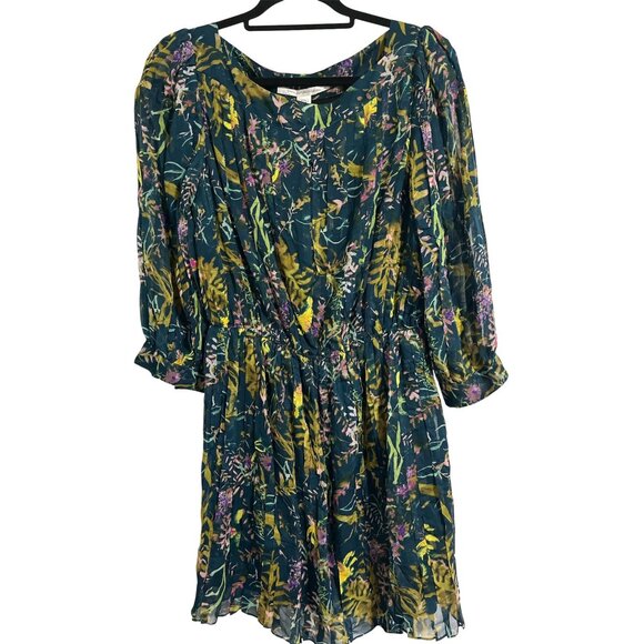 DVF DIANE VON FURSTENBERG Pialla Silk Teal Green Floral Pleated Mini Dress 10 - Picture 1 of 12